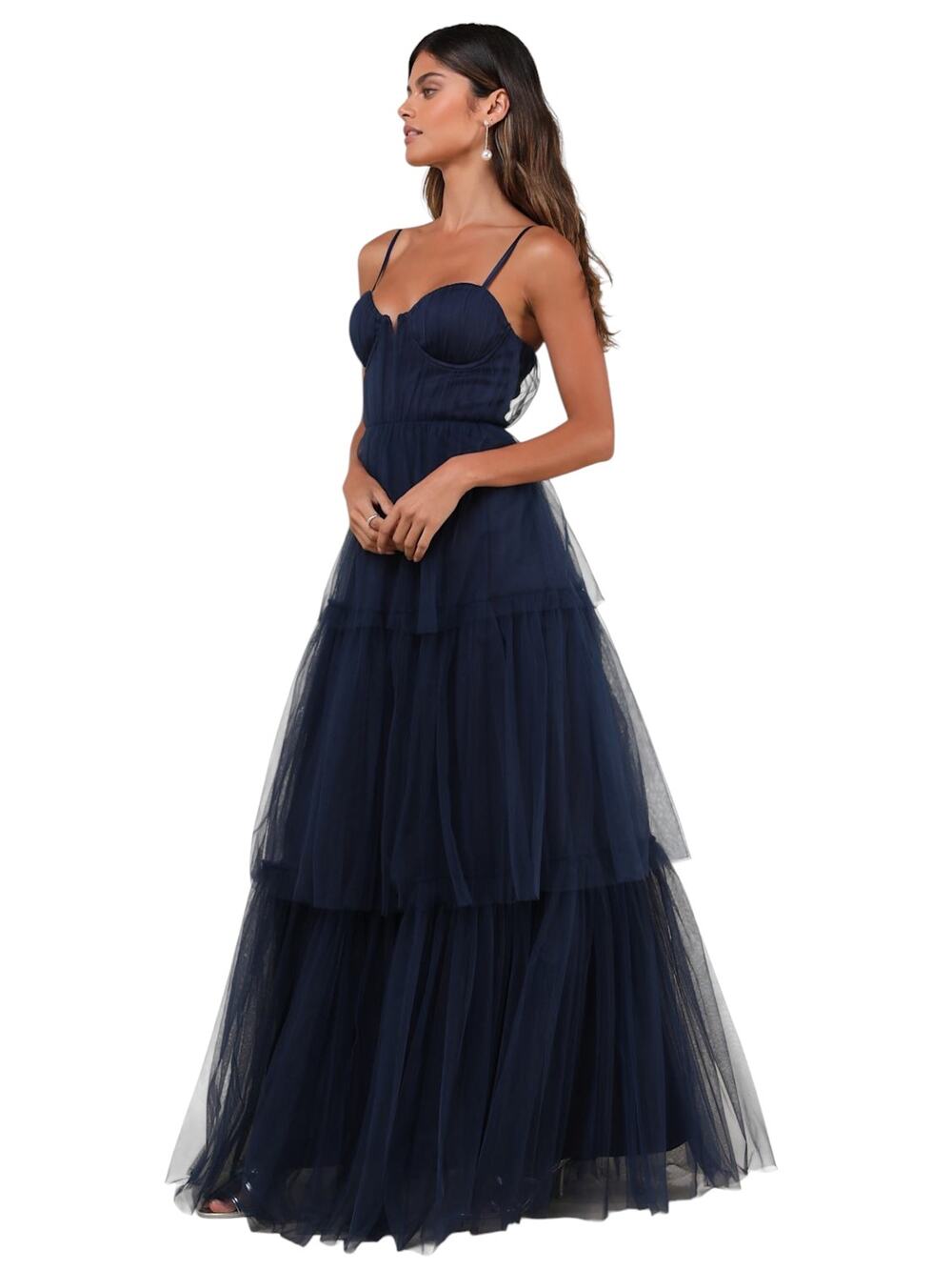 Lulus Unforgettable Poise Navy Blue Tulle Bustier Tiered Maxi Dress size M NWT